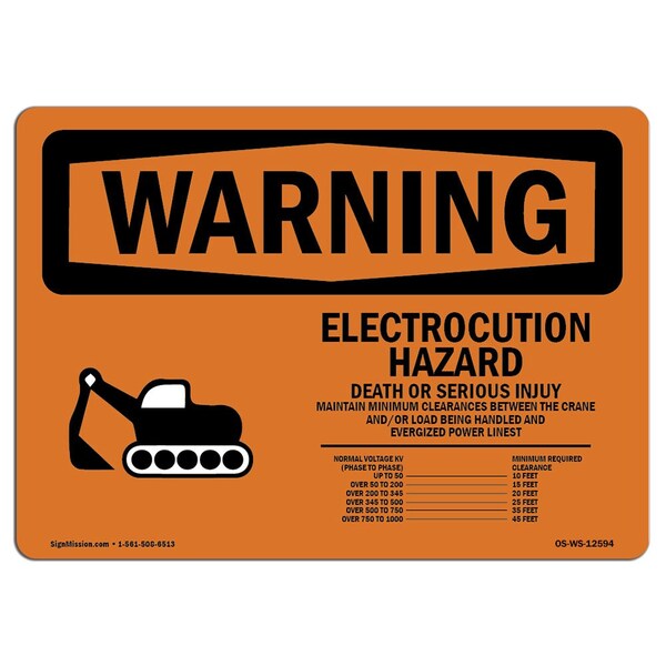 OSHA Warning Sign, 7" H, 10" W, Aluminum, Electrocution Hazard Crane, Landscape, L-12594